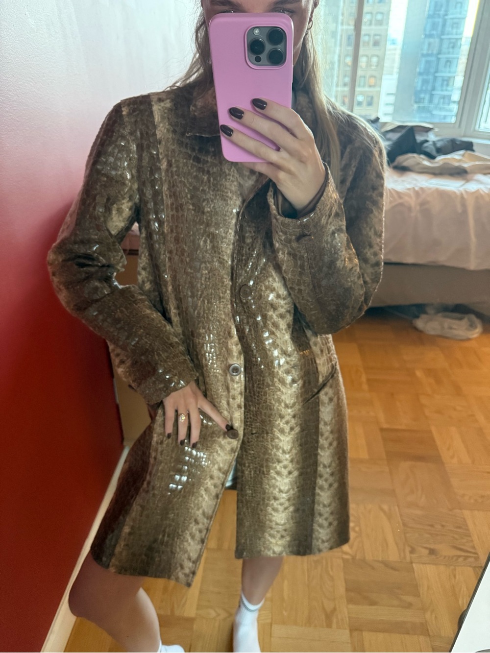 Brown Metallic Croc-Embossed Women's Blazer Coat